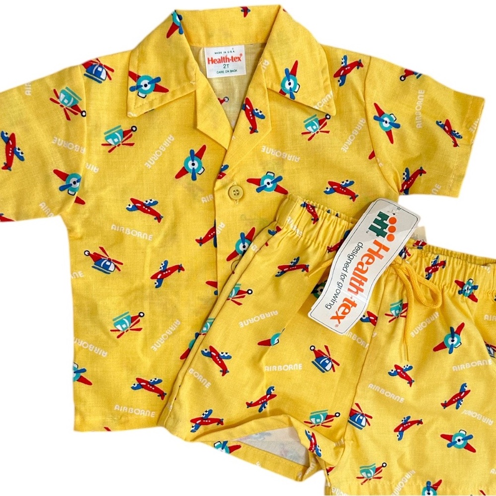 NEW Vintage Healthtex Toddler Yellow Airplane Outfit Set Button Down & Shorts - Picture 3 of 16